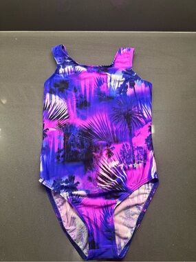 Girls Destira Purple Tropical Palm One-Piece Gymnastics Leotard Size Large EUC